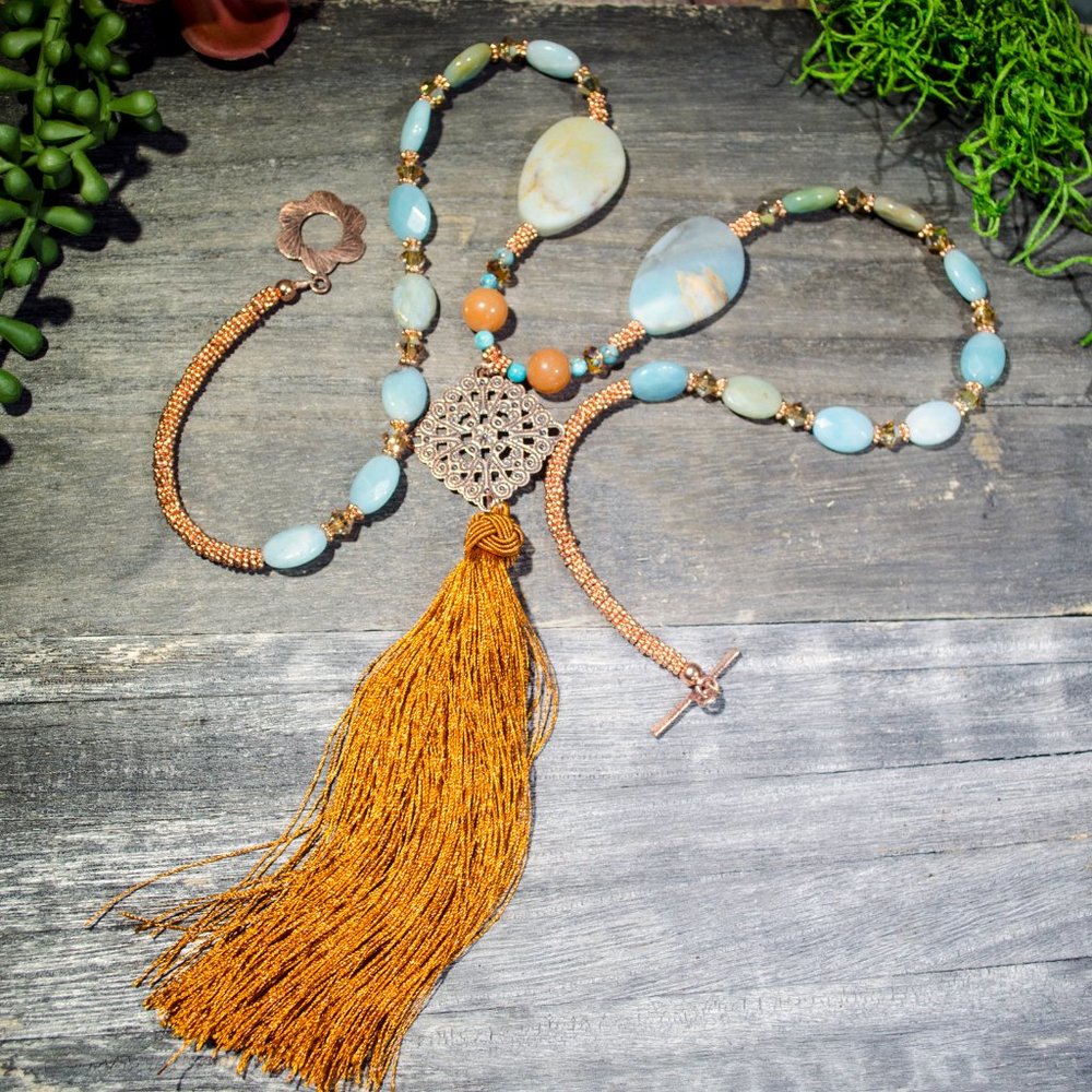 Amazonite and Swarovski Crystal Tassel Necklace